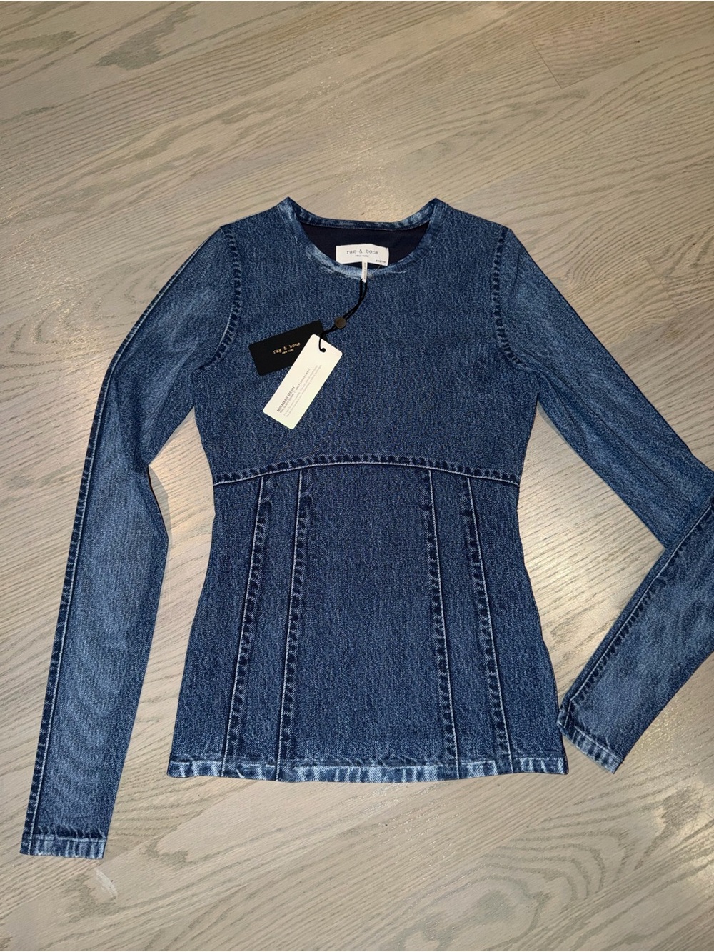 rag & bone Denim-Effect Long Sleeve Fitted Top in Blue